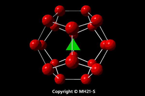 図２ メタンハイドレートの結晶構造（正十二面体の小さいカゴ） 緑三角はメタン分子、赤球は水分子 水分子がカゴ構造を作り、その中にメタン分子が含まれる。