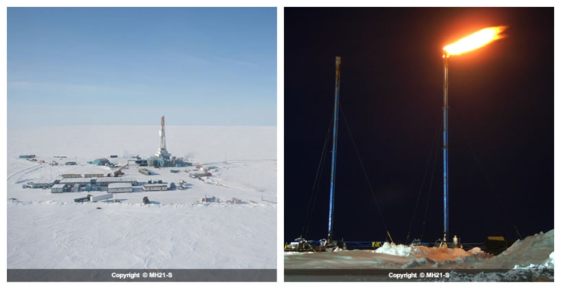 Left. Far view of production test site of second onshore production test Right. Flare of methane gas on second onshore production test