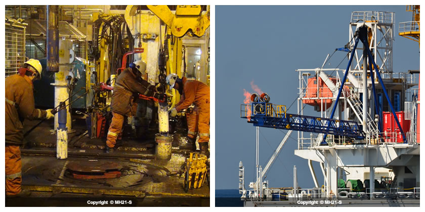 Left. Working at drill floor  Right. Flare