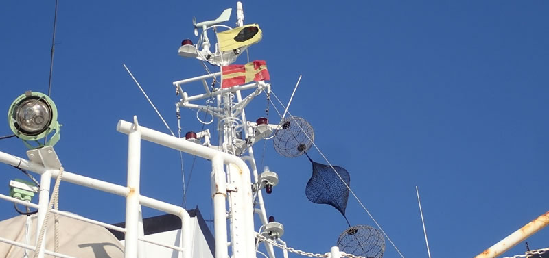 調査中に船舶に掲げる国際信号旗I旗（黄色地に黒丸）とR旗（赤色地に黄色十字）の組み合わせは「本船は海底調査作業（水中活動）に携わっている。本船より離れて徐行せよ。」を意味している。また、その下の黒い円形＋菱形＋円形のものは形象物と呼ばれ、この組み合わせは「操縦性能制御船」を意味しており、どちらも海洋調査の作業時に掲げ、遠くからでも視認できるよう、他の船舶が安全運航するためのルールの一つとなっている。
